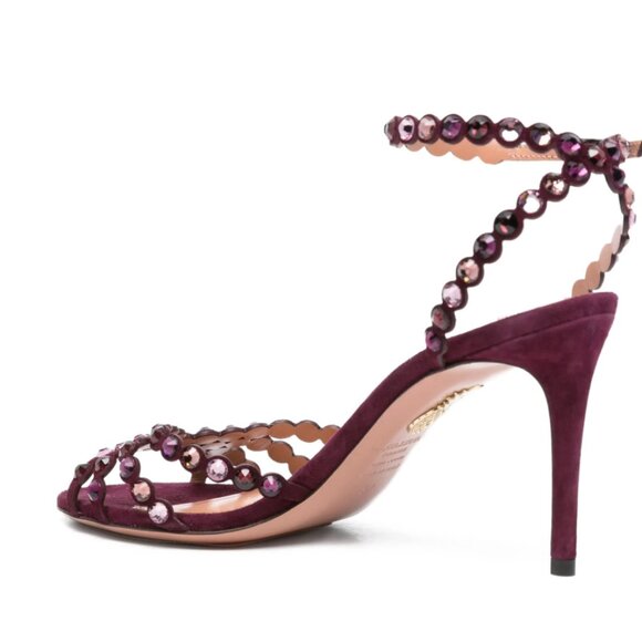 Aquazzura Tequila 85 crystal-embellished suede sandals in Blackberry Size 38/8 - Picture 2 of 8